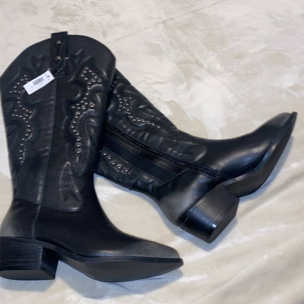 brand new black & grey cowboy boots with silver studding and embroidery .